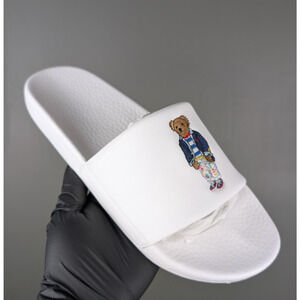 New Polo Ralph Lauren Men’s White Polo Bear Logo Slides Sandals Summer Size 12